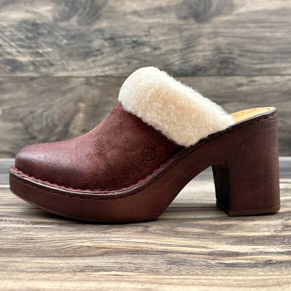 Born Hope 8M Shearling-Lined Open Back Heeled Distressed Leather Clogs Dark Red - Picture 5 of 12